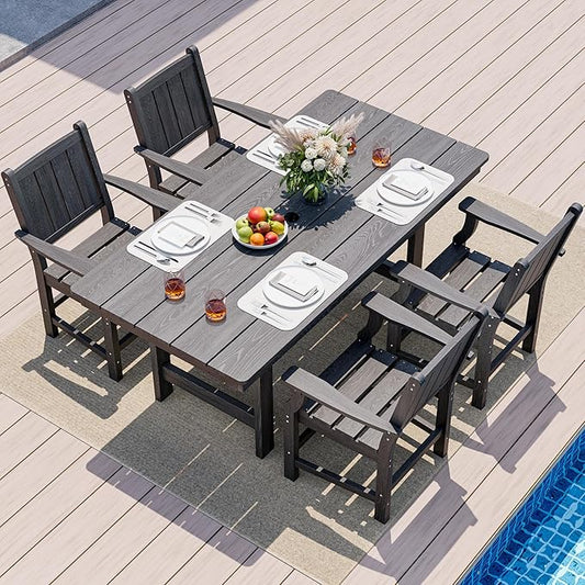 Pamapic 5-Piece Outdoor Dining Set, HDPE Outdoor Rectangular Table and 4 Chairs, Wood Grain Patio Furniture Sets with Armrest, All-Weather Patio Dining Table with Umbrella Hole, Gray