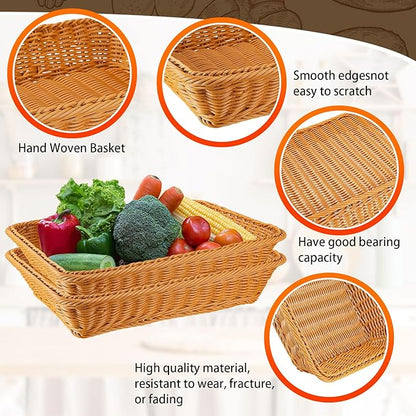 Tioncy 10 Pcs Poly Wicker Bread Basket 15.75 x 11.81 x 3.15" Woven Bread Imitation Rattan Fruit Basket Tray Stackable Rectangular Food Baskets for Serving Display Storage Kitchen Restaurant Vegetable