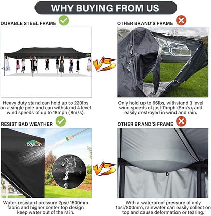 COBIZI 10x30 Pop up Canopy Tent 10x30 Canopy with Sidewall Waterproof Heavy Duty Commercial for Parties Outdoor Garden Gazebo Tent, Carry Bag with Wheel(10x30ft with Sidewalls,Black)