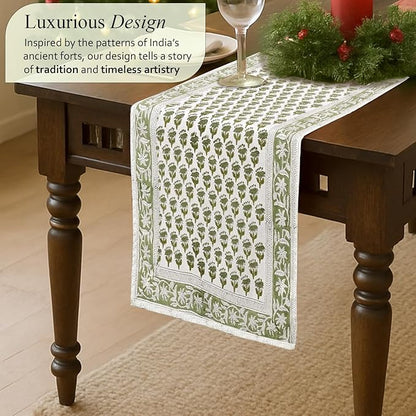CPC Cotton Table Runner 16x108 Inch Block Printed Long Fall Table Runner for Dining Table, Card Table, Coffee Table, Wedding, Farmhouse & Outdoor Barbeque-Emerald Green