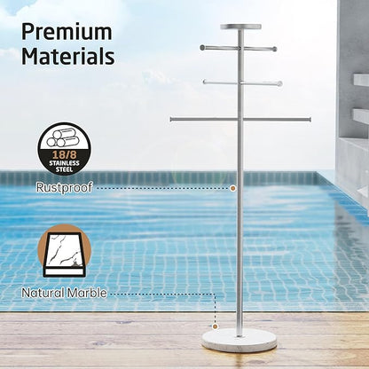 Natural Marble Outdoor Towel Rack with Weighted Base, KES 5-Feet Pool Towel Rack Outdoor for Hot Tub 18/8 Stainless Steel, Adjustable 3 Arms with Storage Tray, Brushed Finish OTR200-2