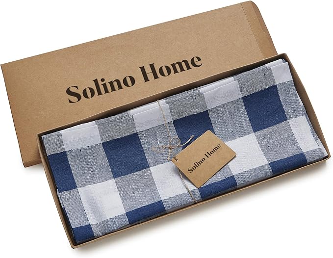 Solino Home Linen Checkered Table Runner 60 Inches - 100% Pure Linen Blue and White Buffalo Check Short Table Runner 14 x 60 Inch Ideal for Dresser and Coffee Tables - Winter, Spring, Easter