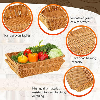 Tioncy 10 Pcs Poly Wicker Woven Bread Basket Imitation Rattan Fruit Basket Tray Stackable Rectangular Food Baskets for Serving Display Storage Kitchen Restaurant Home Vegetable (11.81 x 7.87 x 2.76")