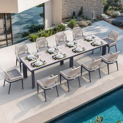 PURPLE LEAF 11 Pieces Patio Dining Set Aluminum Rectangular Table and Wicker Chairs with Cushions for Kitchen Porch Garden Modern Outdoor Furniture Sets, Beige and Dark Grey