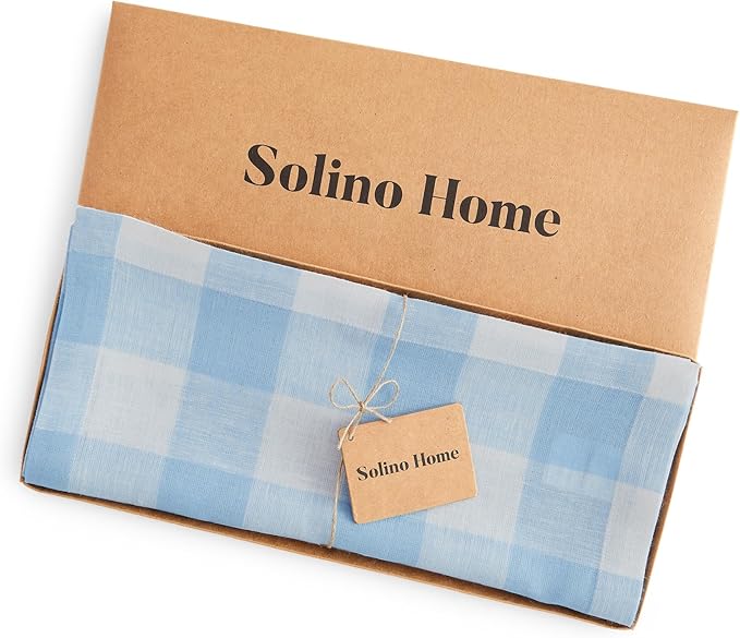 Solino Home Linen Checkered Table Runners 90 Inches Long - 100% Pure Linen Blue Bell Buffalo Check Table Runner 14 x 90 Inch Ideal for Dining, Spring, Easter, Winter