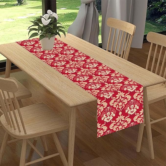 Damask Table Runner, Rustic Gothic Red Baroque Style Floral Boho Flower Antique Vintage Retro Coffee Table Center Decor for Kitchen and Dining Outdoor Home Country Party Table Decorations, 13"x36"