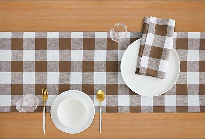 Solino Home Table Runner 120 Inches Long - 100% Pure Linen Buffalo Check Coco Brown and White Table Runner 14 x 120 Inch Ideal for Dining