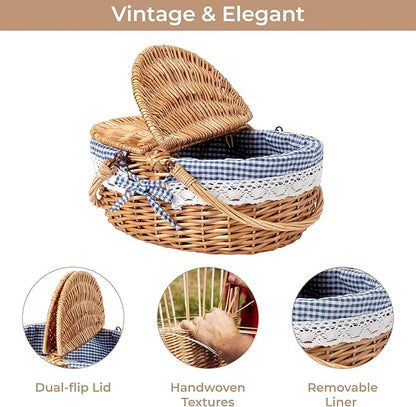 GRANNY SAYS Wicker Picnic Basket for 2 with Handles, Woven Cute Boo Basket with Washable Liner & Dual-Flip Lid, Vintage Large Picnic Baskets for Camping, Outdoor, Gift, Blue and White Checkered Liner