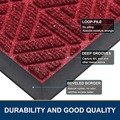 Smiry Front Door Mat Outside Entrance, Heavy Duty Sturdy Natural Rubber Doormat, Trap Dirt and Moisture, Easy Clean Low Profile Mats for Indoor Outdoor Entry, Grid Geometric (36x24, Wine Red)