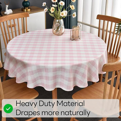 Gingham Table Cloth for Round Tables Pink Checkered Plaid Tablecloth Heavy Duty Cotton Blend Washable & Wrinkle Table Cover for Outdoor Kitchen Dining Picnic Camping (53 inch Diameter)