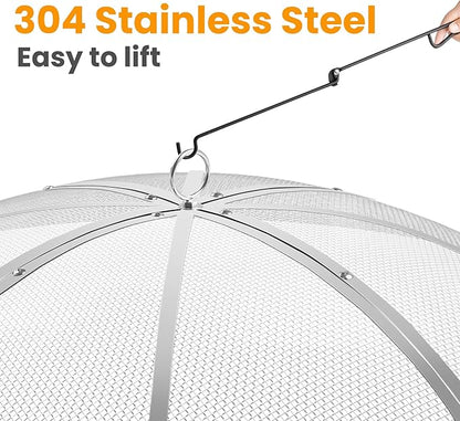 Fire Pit Spark Screen 36 Inch Round, Heavy Duty Stainless Steel Outdoor Fire Pit Screen Cover with Foldable Hook & Marshmallow Sticks, Mesh Spark Protector for Backyard, Camping, Beach