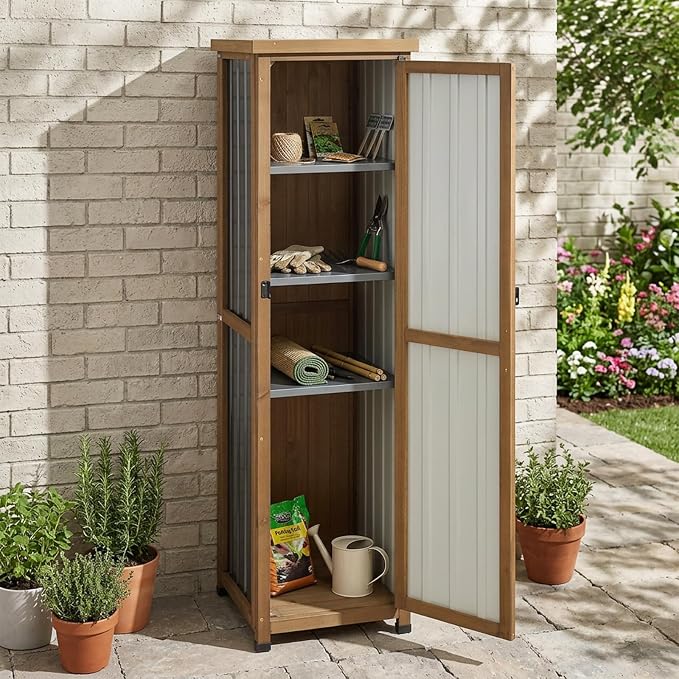 Tall Outdoor Storage Cabinet, Weatherproof Wooden Garden Potting Bench - Image 2