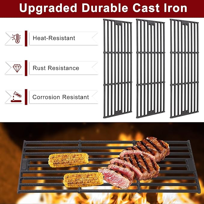 Hiorucet Grill Parts for CharGriller 5650, 5050, 3001, 5072, 3030, 3008, 4000, 5252, King-Griller 3008 5252 Gas Grills, Cast Iron Cooking Grates, Heat Plates, Burner Tubes, Igniters, Hanger Brackets
