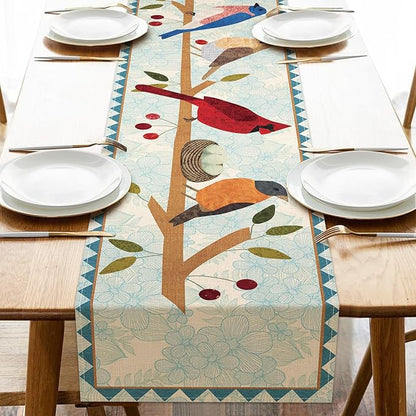 Seliem Spring Summer Birds Blue Table Runner, Cardinal Chickadee Bluebird Branch Red Berry Kitchen Dining Table Decor, Flower Nest Egg Burlap Home Decoration Indoor Outdoor Party Supply 13 x 90 Inches