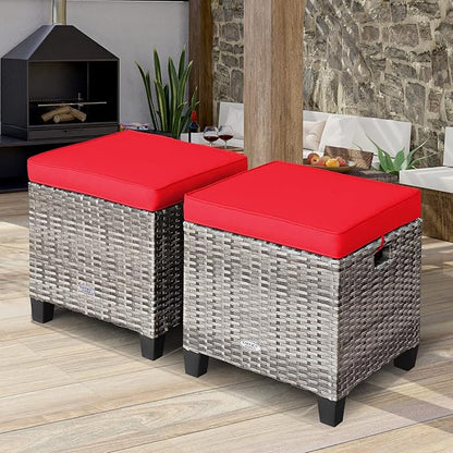 Tangkula 2 Pieces Patio Rattan Ottomans, Outdoor Wicker Footstool Footrest Seat with Soft Cushions and Steel Frame, All-Weather Patio Ottoman Set for Backyard Garden Poolside