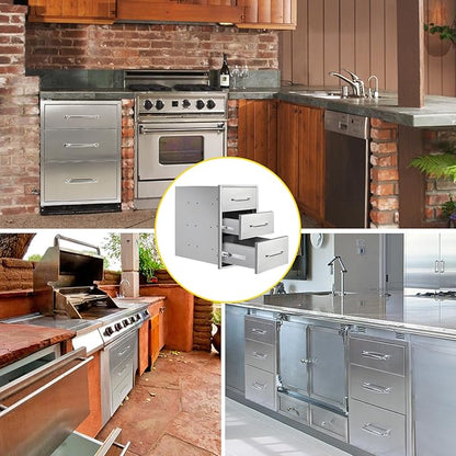 Outdoor Kitchen Drawers 14" W x 21"H x 21"D Stainless Steel Drawer Flush Mount Triple BBQ Drawers with Chrome Handle for Outdoor Kitchen Island, Patio Grill Station