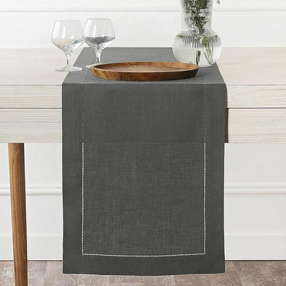 D'Moksha Homes Linen Charcoal Grey Table Runner 120 Inches Long - 100% Pure Linen Hemstitch 14 x 120 Inch Table Runner for Dining, Spring, Easter - Classic Hemstitch