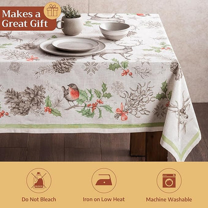 Maison d' Hermine Table Cloth Rectangle Table 100% Cotton 70 x 90 Inches Fall Tablecloth Reusable Everyday Use for Thanksgiving Christmas Decorations Dining Farmhouse Party (Christmas Dew)