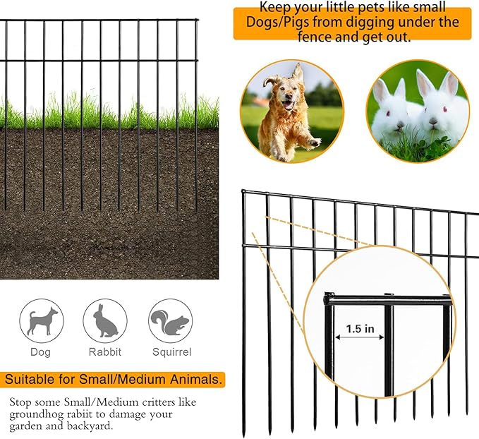 Adavin Small/Medium Animal Barrier Fence,15 Pack 24 in(L)X 15 in(H) Underground Decorative Garden Fencing, Dog Rabbits fences Black Metal Fence Panel Ground Stakes for Outdoor Patio.Total length 30 Ft