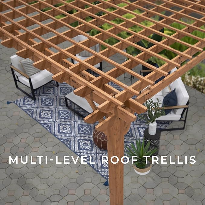 Backyard Discovery Beaumont 12' x 12' Traditional Cedar Wood Pergola Kit with Trellis Roof, All-Season Durability, High-Wind Rating, PowerPort, Shade for Outdoor Patio, Deck, Garden, and Entertaining