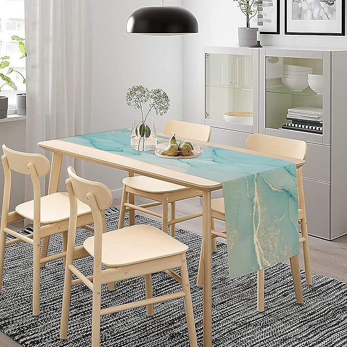 Turquoise Aqua Marble Table Runner, Modern Teal Watercolor Print Table Runner for Coffee Dining Party Wedding Kitchen 13x36in