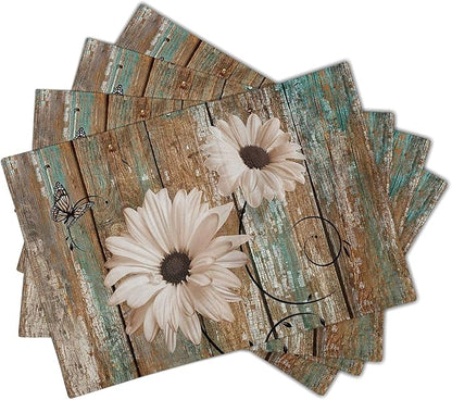 Giwawa Rustic Daisy Board Placemats- White Sunflowers on Vintage Wood Plank Linen Table Place Mat- Farmhouse Wooden Non-Slip Heat Resistant Table Mats for Dining Kitchen Cabin Lodge Decor