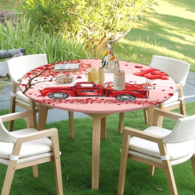 Valentines Day Round Fitted Tablecloth with Elastic Pink Red Heart Circle Table Cloth for 44-48" Round Tables Wipeable Waterproof Washable Gnome Truck Valentine Table Cover for Dining Picnic Party