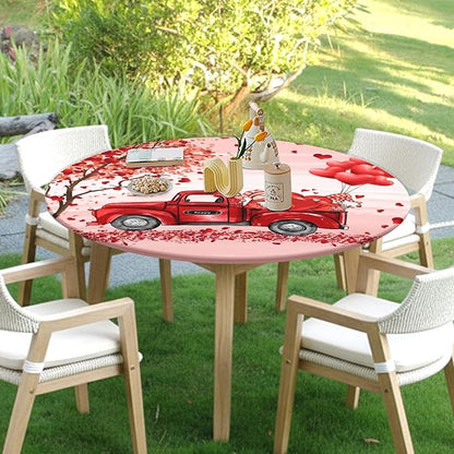 Valentines Day Round Fitted Tablecloth with Elastic Pink Red Heart Circle Table Cloth for 48-52" Round Tables Wipeable Waterproof Washable Gnome Truck Valentine Table Cover for Dining Picnic Party