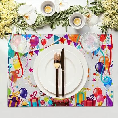 Giwawa Happy Birthday Placemats, Bithday Cake Gifts Decorative Table Mat Set of 4, Colored Flags Balloons Confetti Place Mats 12"x18" for Kitchen Dining Party, Heat Resistant Washable Non-Slip