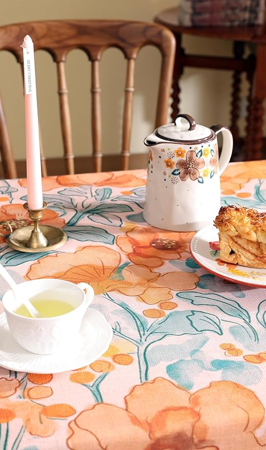 Vintage Linen Extra Long Rectangle Tablecloth,Italian Orange Floral Wrinkle Resistan Table Cloth,Decor Table Cover for Kitchen,Dining,Thanksgiving,Christmas,67"*118"-Positano