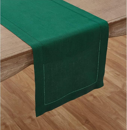 Solino Home Linen Rainforest Green Table Runner 156 Inches Long - 100% Pure Linen Extra Long Table Runner 14 x 156 Inch for St Patricks Day - Classic Hemstitch