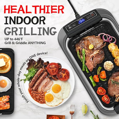 CUSIMAX Smokeless Grill, Electric Indoor Grill, 1500W Korean BBQ Grill with Non-stick Removable Grill/Griddle Plate, LED Smart Display & Tempered Glass Lid, Grey