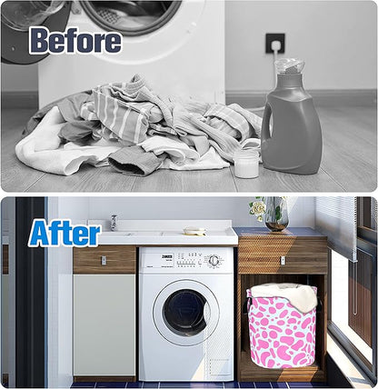Pink Cow Print Laundry Basket Animal Foldable Oxford Cloth Funny Tote Bag Laundry Hamper Clothes Storage Bucket Organizer For Bathroom/Laundry Storage/Bedroom Storage Basket 17.7x13.7Inch