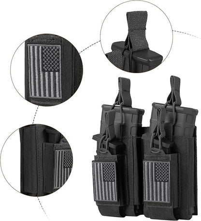 Open-Top Single/Double/Triple Molle Mag Pouch for 5.56mm M4 M16 AK AR Glock M1911 9mm Elastic Rifle Magazines Pistol Mag Pouches Holder Carrier with USA Flag Patch