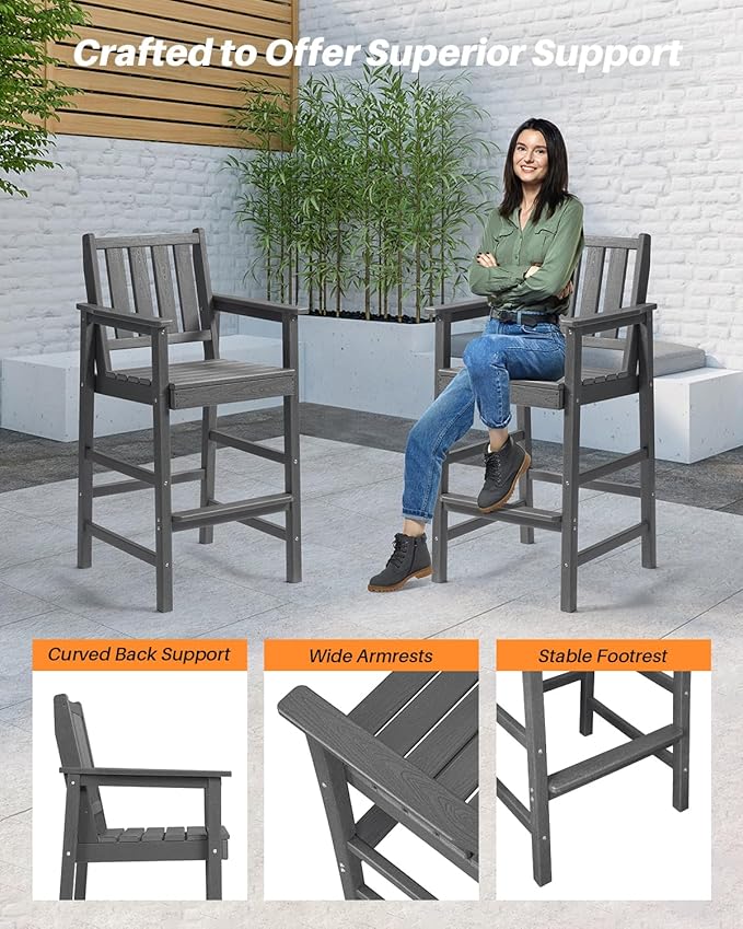 5 Pieces Adirondack Bar Chairs Set, HDPE Patio Bar Height Table and Chairs, Tall Adirondack Outdoor Bar Stools Set, HDPE Patio Bar Table Sets Furniture for Balcony, Garden, Pool, Smoke Gray
