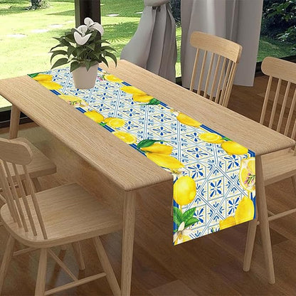 Lemon Table Runner, Blue Tile Yellow Vintage Moroccan Summer Seasonal Fresh Fruits Coffee Cafe Vintage Table Center Decor for Home Kitchen Dining Party Patio Indoor Outdoor, 13"x36" Inch