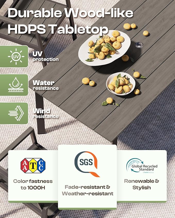 Outdoor Dining Set for 6, Patio Table and Chairs Set with Umbrella Hole, 7 Pieces HDPS + Aluminum Outdoor Furniture Sets for Patio, Garden (Gray & Teak)