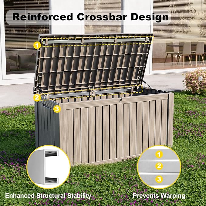 180Gallon Waterproof Outdoor Storage Box, UV Resistant Resin Deck Box with Hydraulic Rod for Reinforced Stability, Perfect for Patio, Garden, and Pool, Striped Beige