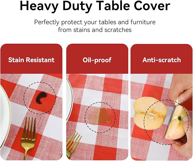 Romanstile Gingham Square Plastic Tablecloth, 100% Waterproof Oil-Proof Checkered PVC Table Cloth, Heavy Duty Vinyl Table Cover for Dining, Camping, Picnic, Outdoor - 54 x 54 Inch, Red and White