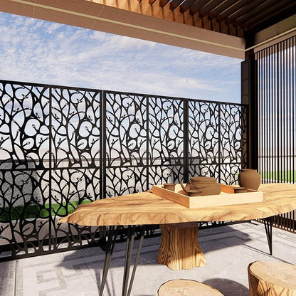Metal Privacy Screen Room Divider 72" H x 45.3" W, Free Standing Decorative Panel with Bird Design for Indoor Outdoor Use, Black Iron Partition for Patio Balcony Garden (Bird Black)