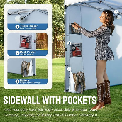 CROWN SHADES Canopy Tent 10x10 Pop Up Canopy Outdoor Shade with Pockets Sidewall, Easy Up Sun Shelter with One Person Set Up Center Lock, Portable Instant Camping Beach Canopy Tents, Grid White