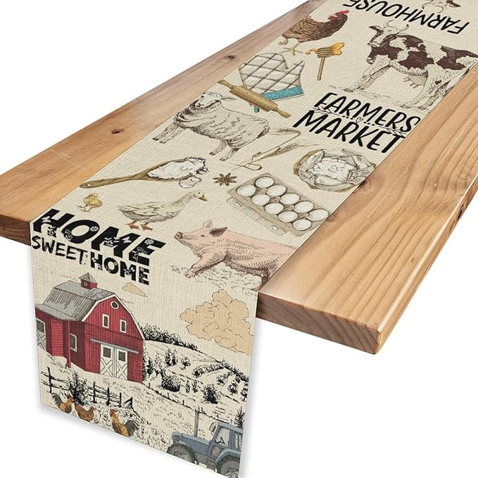 Farmhouse Rooster Table Runner, Rustic Cow Chicken Pig House Animals Coffee Table Center Decor for Family Kitchen Dining Room and Living Room Outdoor Country Holiday Party Table Decorations, 13"x108"