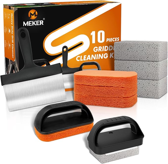 MEKER Griddle Cleaning Kit for Blackstone, Flat Top Grill Cleaning Kit with Grill Stone, Upgraded Scouring Pads & Griddle Scraper & Brush with Handle - Easy to Remove Stain (10 PCS)