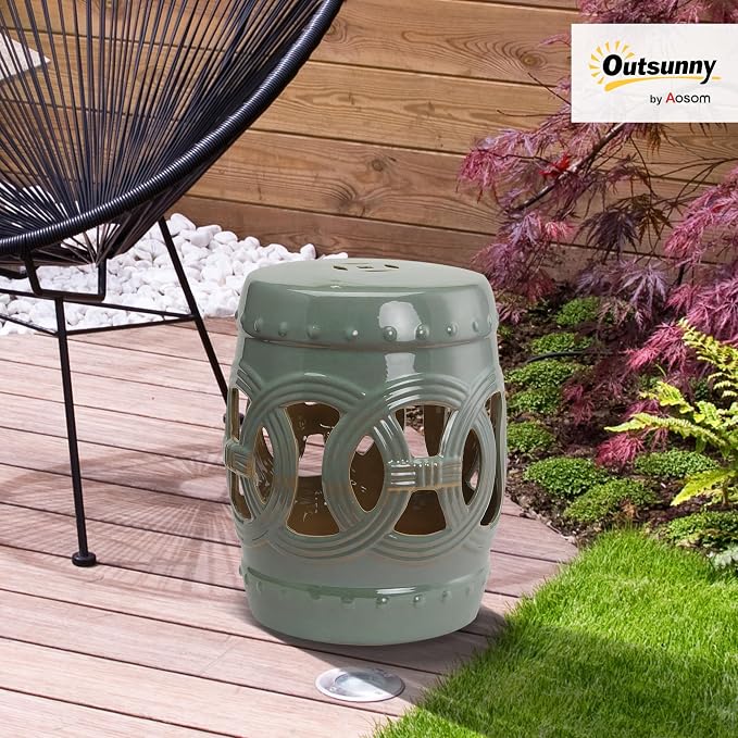 Outsunny 14" x 17" Ceramic Garden Stool Strong Glazed Material Green | - Image 2