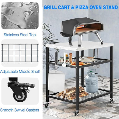 Stainless Steel Grill Cart with Cover Pizza Oven Stand with Water-proof Cover Trolley Table with Wheels Three-Shelf Movable Food Prep and Work Table Heavy Duty Grill Cart Outdoor 31.5"×24"×35.5"