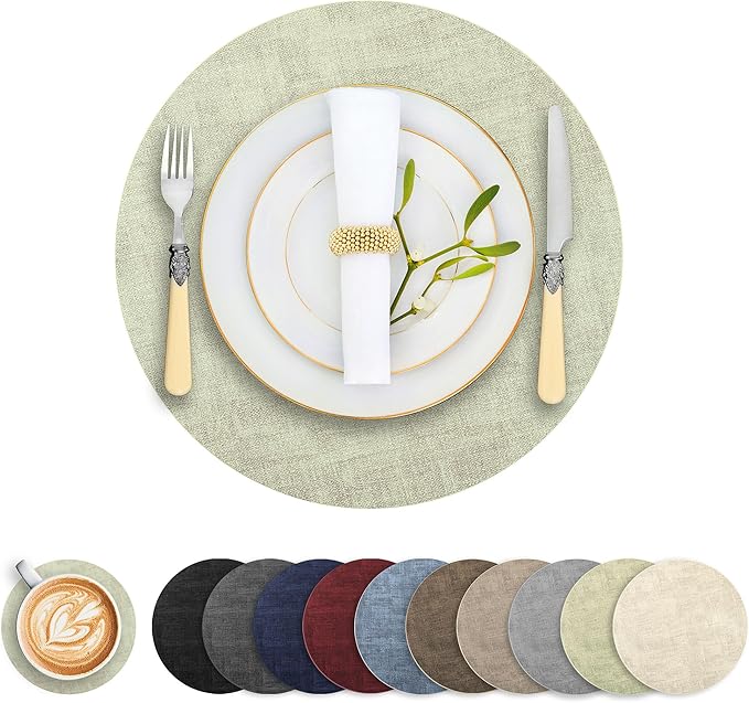 Round Faux Leather Placemats and Coasters, Set of 6, Reversible Heat Resistant Non-Slip Table Mats, Waterproof Wipeable Place Mats for Dining Table, Washable for Indoor & Outdoor (6, Light Green)