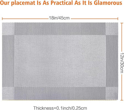 Placemats Set of 12,Washable,Heat and Stain Resistant Indoor/Outdoor Place mats,Vinyl Woven Non Slip Table Mats for Restaurant Table Protection,PVC Placemats(Silver,12PCS)