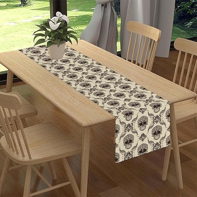 Gothic Table Runner, Retro Antique Damask Skull Pattern Classic Halloween Boho Black Coffee Vintage Table Center Decor for Kitchen and Dining Outdoor Home Country Party Table Decorations, 13"x36"