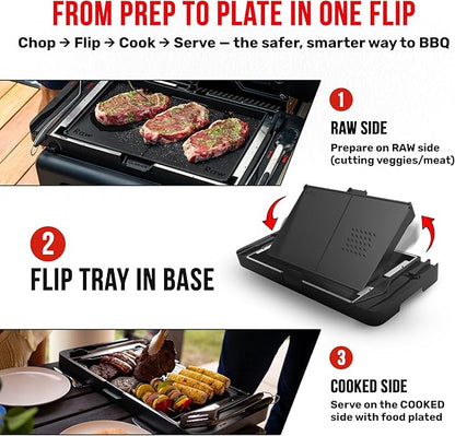 Grillbot FlipTray Dual-Sided Grilling Prep and Serving Tray - Raw/Cooked Food Separation, BBQ Grill Carry System Tray, Built-in Stainless Tools, BPA-Free, Dishwasher Safe, Tray for Outdoor Grill