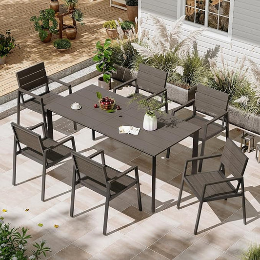 Patio Table and Chairs Set, 7 Piece Outdoor Dining Set with Umbrella Hole, HDPS + Aluminum Patio Furniture Set for Garden (Charcoal)